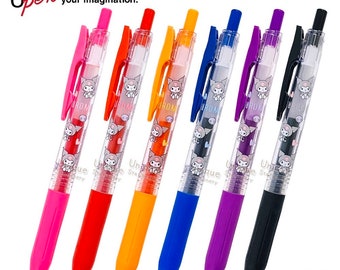 May include: Six colorful Zebra Sarasa Clip pens with a Hello Kitty design. The pens are pink, red, orange, blue, purple, and black.