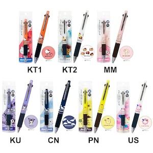 May include: A collection of ten Jetstream 0.5mm multi-colour pens featuring Sanrio characters including Hello Kitty, My Melody, Kuromi, Cinnamoroll, Pompompurin, and Usahana. Each pen is displayed in its original clear plastic packaging.