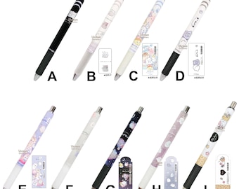 May include: A collection of nine retractable gel pens labeled A through I, featuring various pastel and dark barrel colors with diverse cartoon character prints, metallic tips, and black or white rubberized grips for comfortable writing.