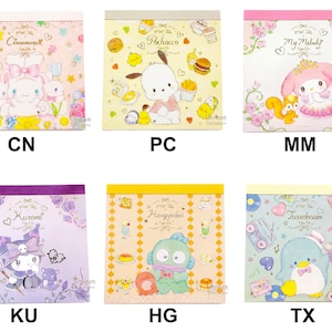May include: Six colorful memo pads featuring different Sanrio characters. Each pad has a different character and background design. The characters are Cinnamoroll, Pochacco, My Melody, Kuromi, Hangyodori, and Tuxedo Sam.