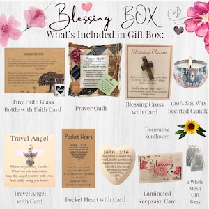 May include: A gift box with various faith-based items. Includes a tiny glass bottle with a faith card, a prayer quilt, a wooden cross charm, a scented candle, a travel angel, a pocket heart with a card, a laminated keepsake card, and mesh gift bags.