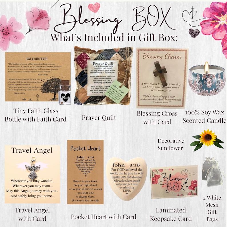 May include: A gift box with various faith-based items. Includes a tiny glass bottle with a faith card, a prayer quilt, a wooden cross charm, a scented candle, a travel angel, a pocket heart with a card, a laminated keepsake card, and mesh gift bags.