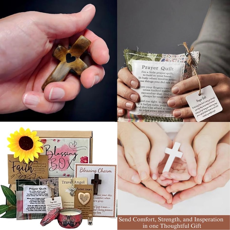 May include: A wooden cross with a heart-shaped cutout is held in a hand. The image also shows a prayer quilt, a blessing box with various items, and a white cross held by two sets of hands. The text reads "Send Comfort, Strength, and Insperation in one Thoughtful Gift."