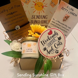 May include: A gift box with a cat theme, featuring a candle, bracelet, and charm. The box includes a candle with a sun design, a black bracelet with a cat paw charm, and a small cat charm. The box also has a coaster that says "Weekends Coffee and Cats".