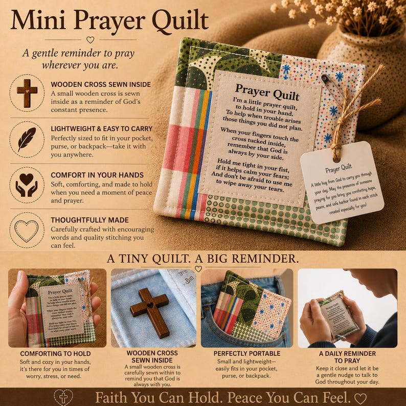 May include: A Mini Prayer Quilt with a wooden cross sewn inside. The quilt is lightweight and easy to carry, designed to fit in a pocket or purse. It is a comforting reminder to pray, with encouraging words and quality stitching.