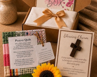 Christian Blessing Box – Prayer Quilt, Cross Charm, Encouragement Gift, Christian Gifts
