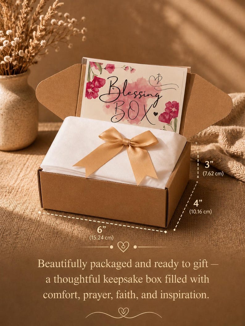 May include: A brown rectangular keepsake box, 6" x 4" x 3", with a gold bow and a card that reads "Blessing Box." The box is filled with white tissue paper. The text below the box says "Beautifully packaged and ready to gift".