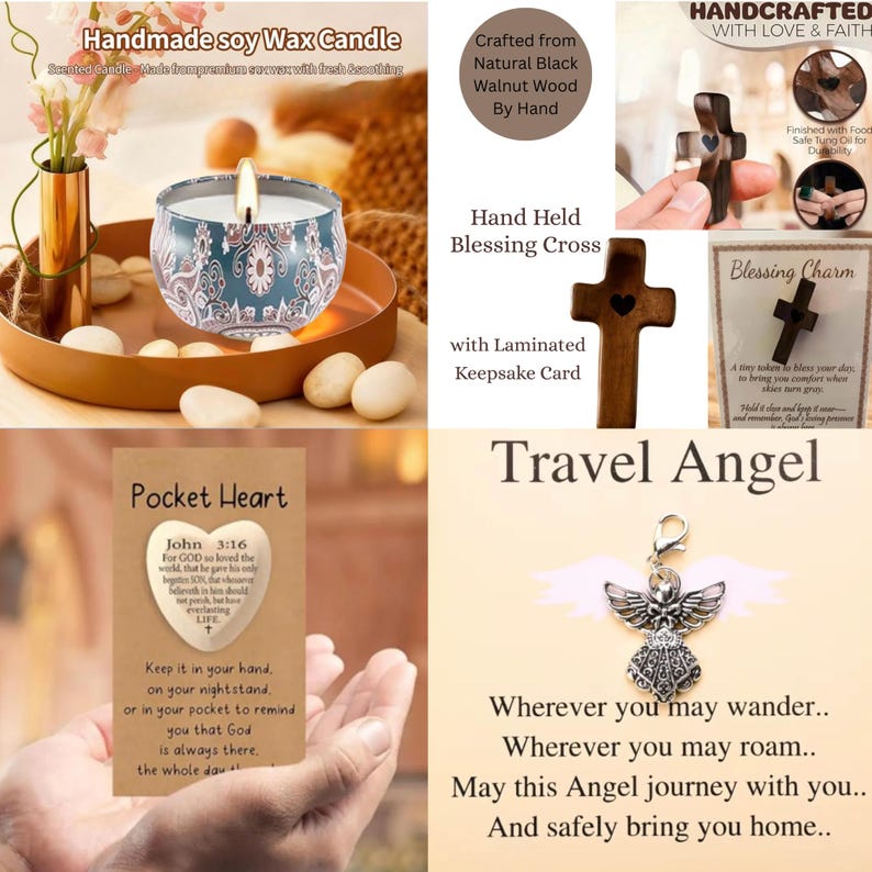 May include: A lit soy wax candle in a decorative tin with a floral design, displayed on a wooden tray with decorative stones. The image also includes a wooden cross, a pocket heart, and a travel angel charm.