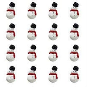 May include: Set of 16 white snowman cake toppers with black hats and red scarves. The snowmen are approximately 1 inch tall.