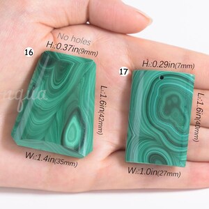 May include: Two malachite stones, one irregular and one rectangular, are displayed. The irregular stone is 1.4 inches wide and 1.6 inches long. The rectangular stone is 1.0 inch wide and 1.6 inches long. The text "Malachite" is at the top.