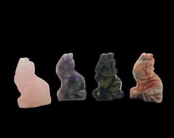 Hand Carved Stone Wolf Figurine – Rose Quartz, Amethyst, Bloodstone & Jasper – 1.5" Crystal Wolf Carving – Mini Animal Totem – Gemstone Wolf