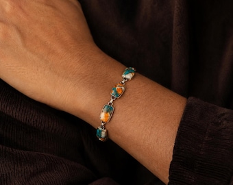 Spiny Oyster Türkis Armband | Sterling Silber Südwesten Armband | Orange Blauer Türkis Schmuck | Verstellbares Knebelarmband 22cm