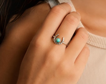 Sterling Silver Horseshoe Ring with Turquoise Stone | Western Boho Ring | Lucky Horseshoe Jewelry | Turquoise Statement Ring