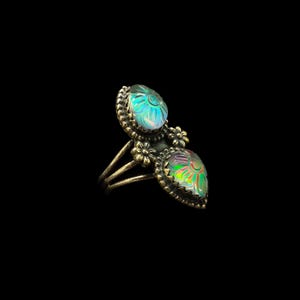 Aurora Borealis Ring | Size 7 Sterling Silver Floral Double Teardrop Ring | Vintage Style Iridescent Statement Jewelry