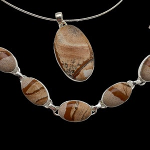Picture Jasper Sterling Silver Jewelry Set – 20&quot; Pendant Necklace & 8&quot; Bracelet – Natural Stone – Earthy Boho Gift Set – Grounding Stones
