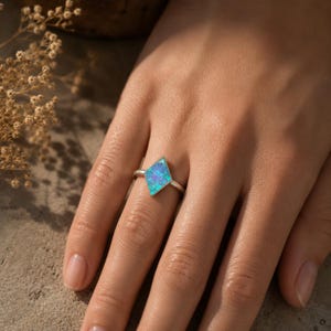 Aurora Borealis Sterling Silver Ring Size 6.5 | Iridescent Blue Stone Ring | Geometric Boho Statement Ring | Handmade Silver Jewelry