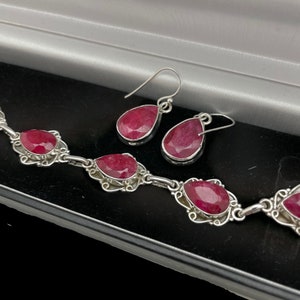 Ruby Jewelry Set Sterling Silver | 8&quot; Ruby Bracelet & Teardrop Earrings | July Birthstone Gift for Her | Handmade Gemstone Set | Red Jewelry