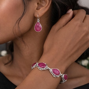 Sterling Silver Ruby Teardrop Jewelry Set – 8” Adjustable Bracelet & 1.5” Drop Earrings – July Birthstone Gift for Her