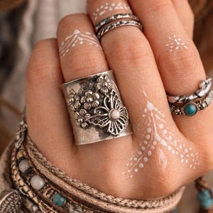 Sterling Silver Pink Opal Ring Size 6 – Boho Floral Statement Ring – Wide Band Butterfly Ring – Handmade Style Silver Jewelry Gift for Her