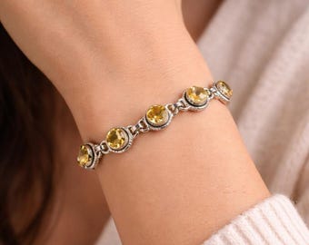 Strahlendes Citrin-Armband aus Sterlingsilber – 8,5-Zoll-Einstellbares Edelstein-Armband – November Geburtsstein-Schmuck – Goldgelber Kristall