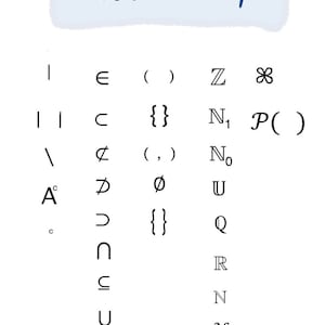 May include: A black and white chart with symbols and letters related to set theory. The chart includes symbols for set membership, subset, union, intersection, and complement. It also includes letters representing sets, such as Z for the set of integers, N for the set of natural numbers, and R for the set of real numbers.