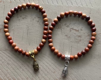 Wood Beads with Buddha Charms Bracelet - Wood Beads are 6mm