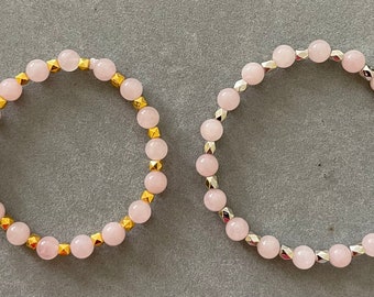 Rose Quartz Healing Bracelet With Gold or Silver Trim.  Natural Gemstone Stretchy Bracelet.