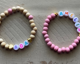 Girls Bracelet - Wood Beads with Stars or Hearts and Tricolored Name Beads. - Bracelet is stretchy