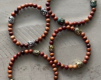 Wood Bracelet with Buddha Spacers - Stretchy Bracelet, 6mm wood beads