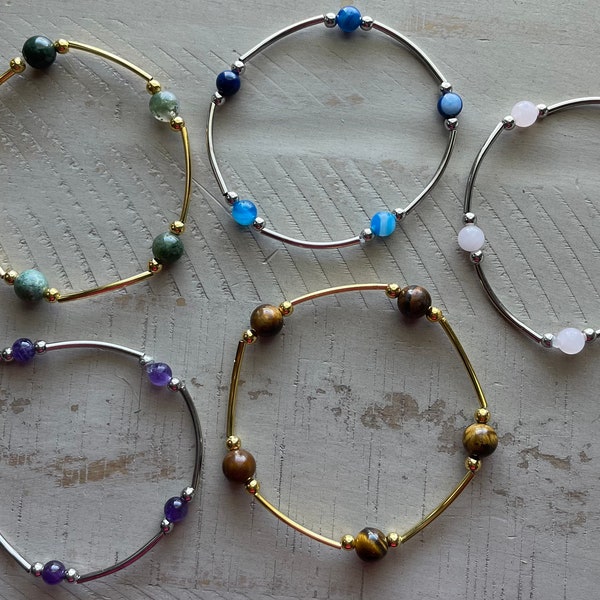 Crystals - Bracelet - Curved Noodle Tube Beads with crystals - Stretchy Bracelet