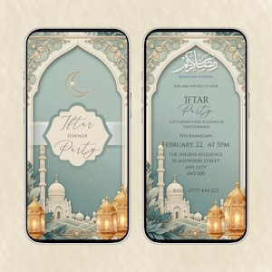 May include: Two smartphone screens displaying an Iftar Dinner Party invitation. The design features a mosque, crescent moon, and lanterns in a teal and gold color scheme. Text includes "Iftar Dinner Party" and event details.