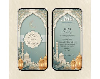 May include: Two smartphone screens displaying an Iftar Dinner Party invitation. The design features a mosque, crescent moon, and lanterns in a teal and gold color scheme. Text includes "Iftar Dinner Party" and event details.