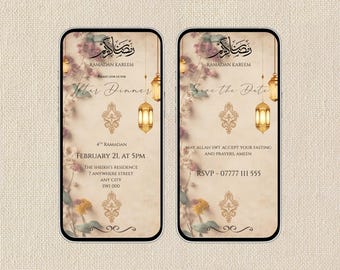 Puede incluir: Dos invitaciones con forma de smartphone para el Ramadán Kareem. El diseño presenta detalles florales, faroles colgantes y adornos dorados. Una invitación es para la cena Iftar, la otra es un 'Save the Date'.
