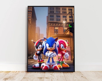 May include: Sonic the Hedgehog, Shadow the Hedgehog, and Knuckles the Echidna stand together in a city setting. Sonic is blue with red shoes, Shadow is black with red shoes, and Knuckles is red with yellow shoes. They are all looking forward.