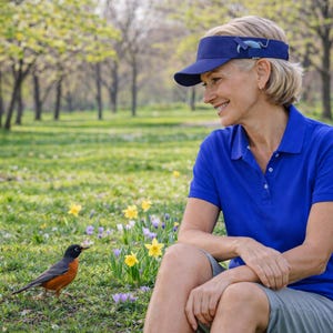 May include: A navy blue visor with a whale design is worn by a person in a blue polo shirt. The scene is set in a park with a grassy area, trees, and flowers. A bird is standing on the grass.