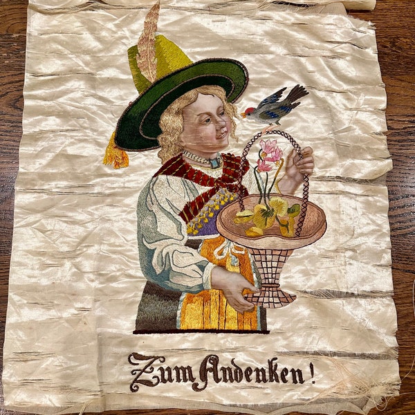 Antique Vintage German Crewel Embroidery Zen Andenken “ In Memory” on Silk Religious Germany