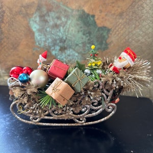 Christmas Decor Vintage Santa Sleigh Spun Cotton Elf Silver Fringe Garland Rare