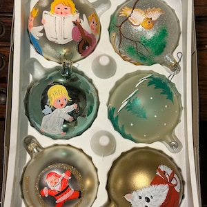 Vintage Christmas Large Glass Ornaments Italy Hand Painted Original Box Lot of 6