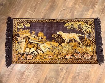 Vintage Velvet Tapestry Fringed Wall Rug Hanging Hunt Scene Dogs 1960s