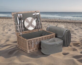 Luxury Handwoven 4 Person Grey Tweed Wicker Picnic Hamper Complete Set