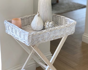 White Wash Wicker Basket Butler Tray Table