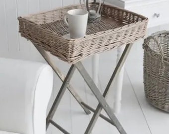 Handwoven Grey Wash Wicker Basket Butler Tray Table