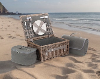 Luxury Handwoven 2 Person Grey Tweed Wicker Picnic Hamper