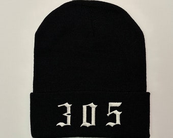 Beanie Embroidered YOUR NAME Custom Old English Area Code