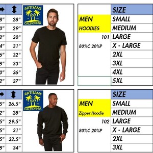 Puede incluir: Tabla de tallas para camisetas, sudaderas con capucha, sudaderas de cuello redondo y sudaderas con capucha con cremallera para hombre. La tabla muestra la talla, la medida del pecho en pulgadas y la longitud correspondiente en pulgadas. La tabla est&aacute; etiquetada como "Artisans of California".