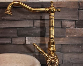 Gold Embroidered Basin Mixer Faucet, Tap, Bathroom Vanity, Sink Faucet, Rustic Faucet, %100 Brass