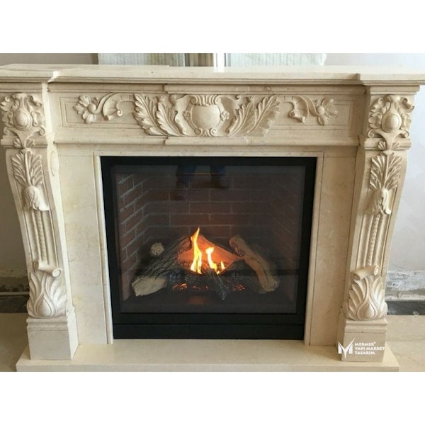 Beige Marble Special Design Fireplace - Handcrafted, 100% Natural Stone, Stilish Home, Home Decor, Living Room, Marble Art
