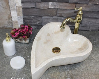 Beige Marble Heart Design Washbasin - Handcrafted, 100% Natural Stone, Washbasin