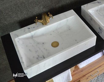 Gray White Marble Square Sink - With Faucet Outlet - Handcrafted, 100% Natural Stone, Washbasin