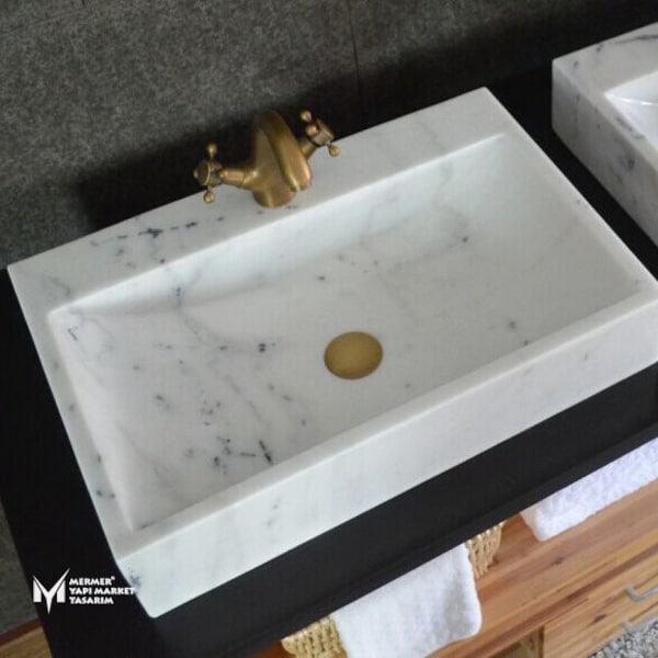 Gray White Marble Square Sink - With Faucet Outlet - Handcrafted, 100% Natural Stone, Washbasin